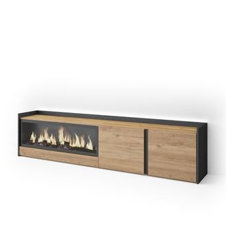 Skraut Home Mueble tv efecto madera roble negro 212x35x50cm chimenea efecto fuego