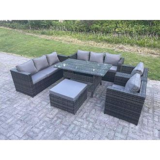 Fimous Fimous Outdoor Lounge Sofa Garden Furniture Set Patio Rattan Rectangular Dining Table with 2 Armchair Big Footstool 9 Seater Dark Grey Mixed