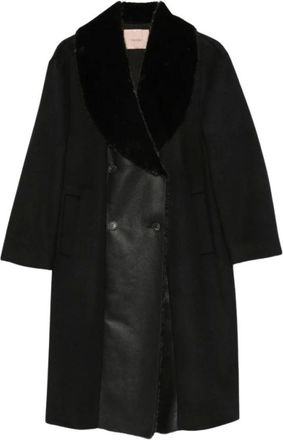Twinset Abrigo Cruzado con Cuello Chal de Pelo Sint&eacute;tico - Coats - Mujer - Negro - XS