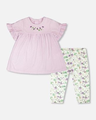 Deux par Deux Jersey Tunic and Cotton Capri Printed Flowers Set in Lavender And Green Flowers at Nordstrom, Size 24M
