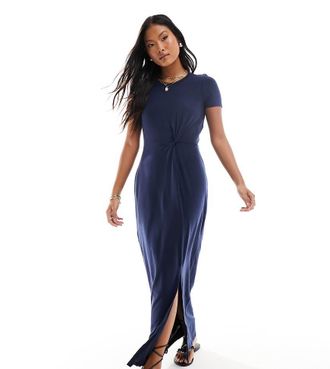 Vero Moda Petite knotted T-shirt maxi dress with split in navy