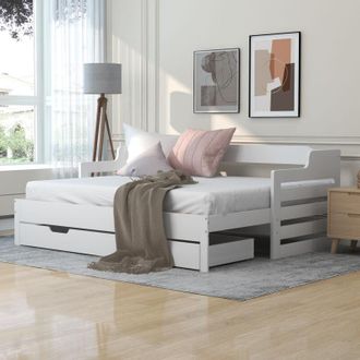 C&A White Cabin Bed with Trundle and Storage Drawer-90x190cm-Ideal for Living Room or Bedroom