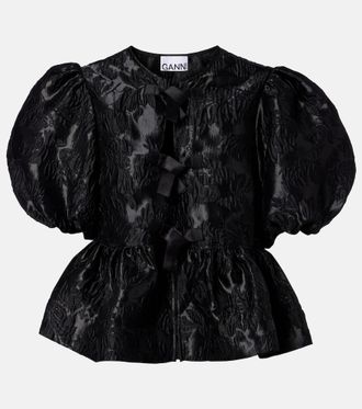 Ganni Bow-detail floral peplum satin blouse