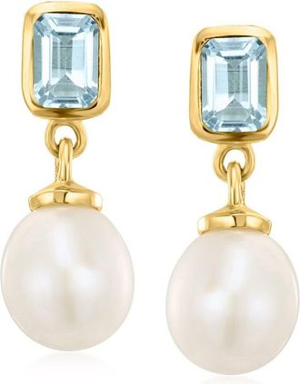 Ross-Simons Sky Blue Topaz and 8.5-9mm Cultured Pearl Drop Earrings in 18kt Gold Over Sterling