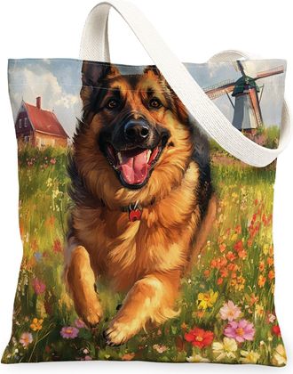 Generic Spring German Shepherd Dog Canvas Tote Bag for Shopping 13x15, Country Garden Puppy Reusable Grocery Print Pattern Bag for Women, Fun Flower Pet Beach