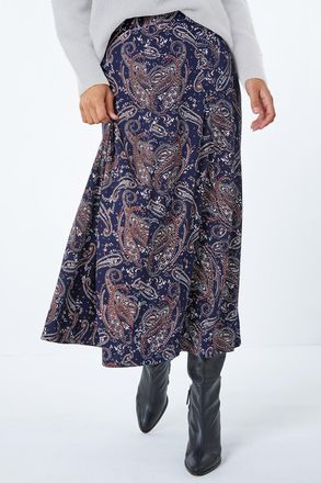 Roman Paisley Print Elastic Waist Midi Skirt