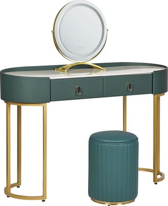 Beliani Tocador con espejo y taburete LED Verde oscuro