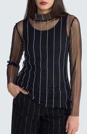 Luukaa D'Celli Eisley Striped Mesh Blouse in Black Ecru at Nordstrom, Size 10