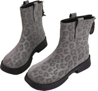 Generic Womens Ankle Boots, Leopard Print Womens Chunky Heel Round Toe Boots with Back Zipper, Retro Mid-Height Booties for Winter Casual Wear (Gray,3.5)