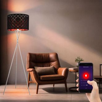 Globo Lighting Lampada da terra intelligente con paralume in tessuto nero oro luce laterale Treppiede a 3 gambe dimmerabile, controllo app cct, 1x led rgb