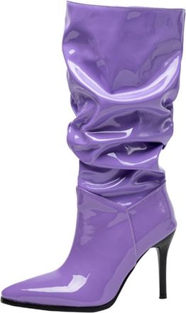 Generic Womens Mid-Calf Slouchy Boots Shiny Patent Leather Pointed Toe Stiletto Heel Vibrant Color Stylish Evening Party Cocktail Daily Casual Fashion Footwea