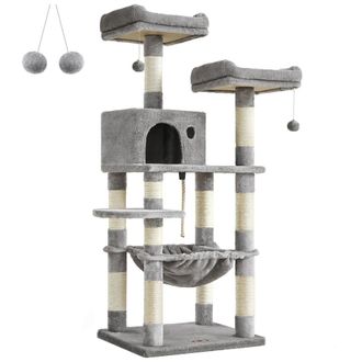 FEANDREA &Aacute;rbol para gatos de 143 cm con postes rascadores tela de felpa gris