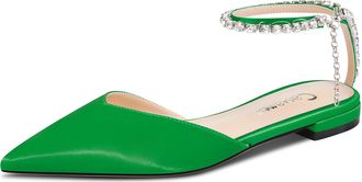 Castamere Womens Low Heel Pointed Toe Ankle Strap Rhinestone Crystal Pumps Court Shoe Flats Shoes Prom Dress Satin 1 CM Heels Grass Green 6 UK
