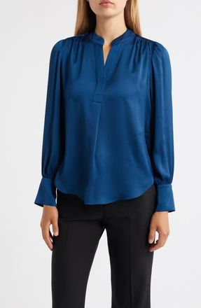 Anne Klein Textured Crepe Long Sleeve Top in Baltic Teal at Nordstrom, Size Large P