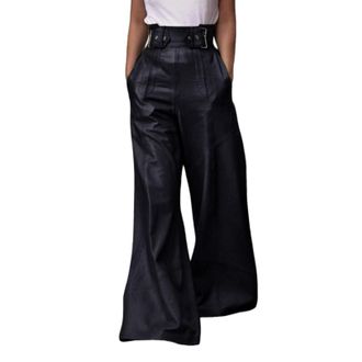 Generic Womens Faux Leather Pants, High Waist Pleated Wide Leg Flare Pants with Pockets Stylish Trousers for Going Out Party (Black,XXL)