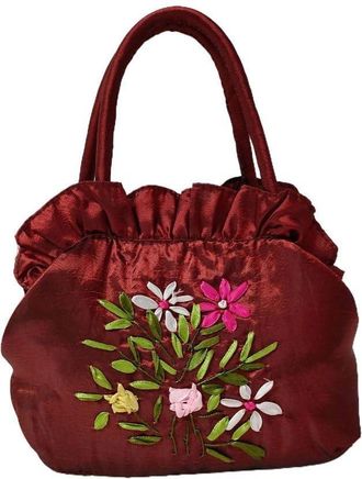 Generic Ethnic Style Tote Bag, Small Purse Wallet, Embroidery Flower Satin Silk Handbag, Zipper Flower Wrist Bag for Women Phone Cosmetic(wine red)