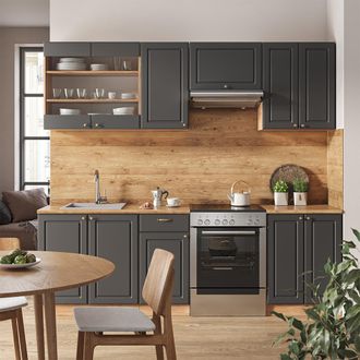Vicco Mueble De Cocina Fame-line, Antracita Casa De Campo/roble Kraft Dorado, 240 Cm, Et M&aacute;rmol