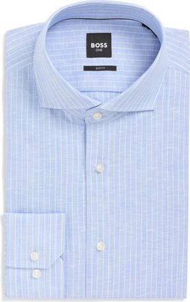 BOSS Hank Slim Fit Plaid Linen & Cotton Shirt in Light/Pastel Blue at Nordstrom, Size 15.5