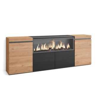 Skraut Home Aparador efecto madera roble y negro 208x35x75cm chimenea efecto fuego