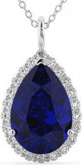 Allurez Halo Lab Blue Sapphire & Diamond Pear Shaped Pendant Necklace 14k White Gold (8.34ct)
