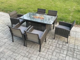 Fimous Outdoor Rattan Garden Furniture Set Gas Fire Pit Rectangular Table Sets Gas Heater with 6 Seater Dining Chairs Dark Grey Mixed