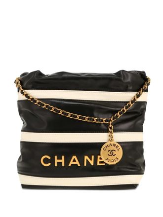 Chanel mini leather striped tote bag - Black