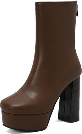 Generic Womens Square Toe Ankle Boots with Chunky Heel & Platform Sole,Autumn and Winter Party Dress Booties,Brown,6.5 UK
