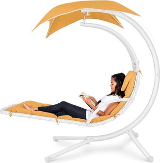 Best Choice Products Hanging Curved Chaise Lounge Chair Swing w/ Pillow, Shade, Stand