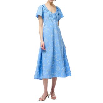 French Connection Damesjurk Daniella met ronde hals en pofmouwen, midi-lengte (Korenbloem blauw)