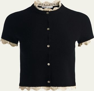 Alice & Olivia Ciara Crochet-Trim Ribbed Cardigan