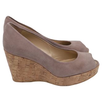 Stuart Weitzman Anna Peep-Toe Wedge Pumps in Brown Suede