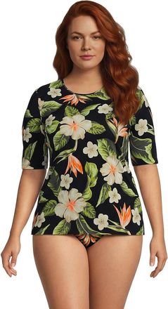 Lands End SunShade UPF 50 Elbow Sleeve Rash Guard Swim Tee in Hibiscus Floral/black at Nordstrom, Size 1X