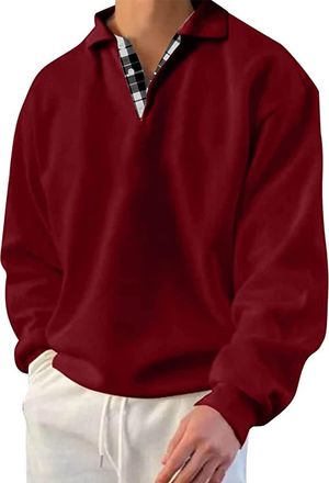 Generic Man Casual Tops Mens Classic Polo Shirt Long Sleeve Pullover, Long Sleeve Sweatshirt(Dark Red,Large)