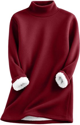 Generic Navy Top,Turtleneck Plush Sweater Pullover Sweatshirts Casual Thick Velvet Plain Fleece Tops Sherpa Lined Thermal Crew Neck Tops Solid Color Loose Fit