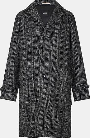 HUGO BOSS Mens Herringbone Tweed Coat with Flap Pocket and Button Placket - Black - Size: 38 48