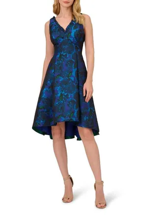 Adrianna Papell Floral Jacquard High-Low Fit & Flare Dress in Blue Multi at Nordstrom, Size 12