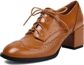 Generic Womens Lace Up Oxford Dress Shoes Brogue Perforated Round Toe Chunky Block Heel Cushioned Insole Comfortable Vintage Style Footwear,Yellow,10.5 UK