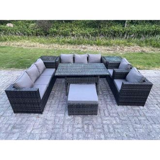 Fimous Fimous 9 Seater Outdoor Wicker Garden Furniture Rattan Lounge Sofa Set Patio Rectangular Dining Table with 2 Armchair 2 Side Table Stool Dark Grey