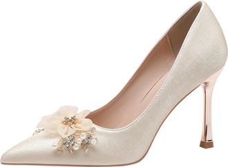 Generic Women Pointed Toe High Heel Stiletto Pumps 9CM Silk Beige Dress Shoes Pearl Diamond Flower Wedding Evening Party-Numeric_11_Point_5