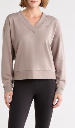 DKNY Metallic Logo V-Neck French Terry Sweatshirt in Mushroom at Nordstrom Rack, Size X-Small