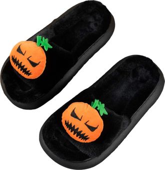 Generic Halloween Plush Flat Womens Slippers Clashing Color Fashion Womens Slippers Indoor Booties Slippers for Women (Black, 7)
