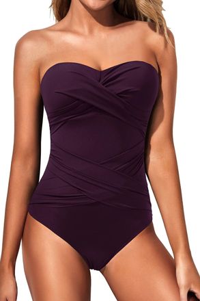 Holipick Women Strapless One Piece Swimsuits Tummy Control Bandeau Bathing Suits Retro Slimming Swimwear, Dark Purple, Medium