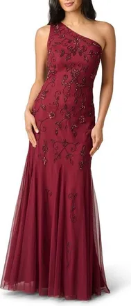 Adrianna Papell Beaded One-Shoulder Godet Gown in Mahogany at Nordstrom, Size 12