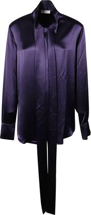 7 For All Mankind Deep Purple Satin Long-Sleeved Bow Tie Shirt