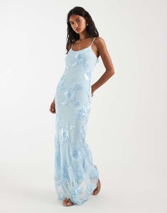 Pieces Vestito lungo azzurro con spalline sottili in rete ricamata-Blu