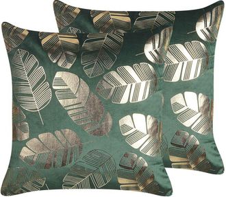 Beliani Set of 2 Decorative Cushions SUNFLOWER Velvet 45 x 45 cm Dark Green Plant Pattern