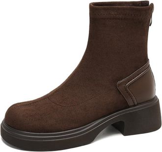 Generic Womens Round Toe Ankle Boots Suede Material Block Heels Back Zipper Platform Design Comfortable Non Slip Durable for Casual Daily Autumn Winter,Brown,