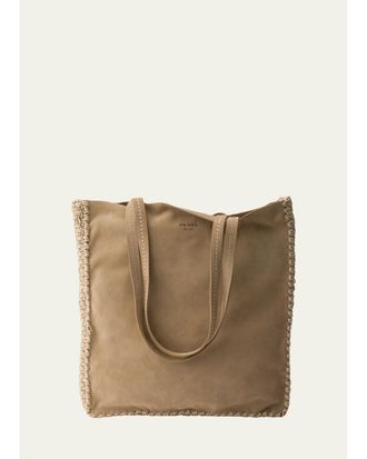 Prada Crochet-Trim Suede Tote Bag