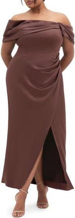 City Chic Paloma Off the Shoulder Satin Maxi Dress in Rasin at Nordstrom Rack, Size Xs/14W