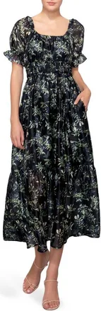 Melloday Shirred Puff Sleeve Maxi Dress in Black Multi at Nordstrom Rack, Size X-Small